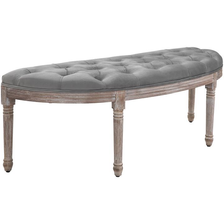 Grey Classic Accent: Tufted Half Circle Bench with Velvet-Touch Fabric