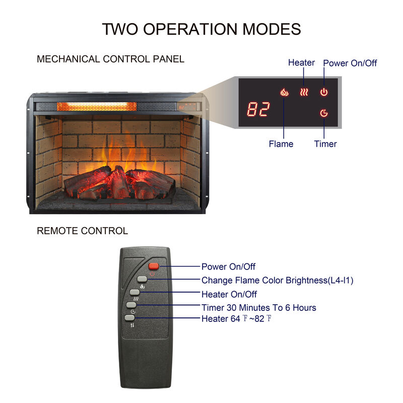 Wood Log Infrared Quartz Heater Fireplace Insert with Brick Interior