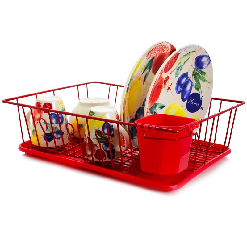 MegaChef 17.5 Inch Red Dish Rack with 14 Plate Positioners and a Detachable Utensil Holder