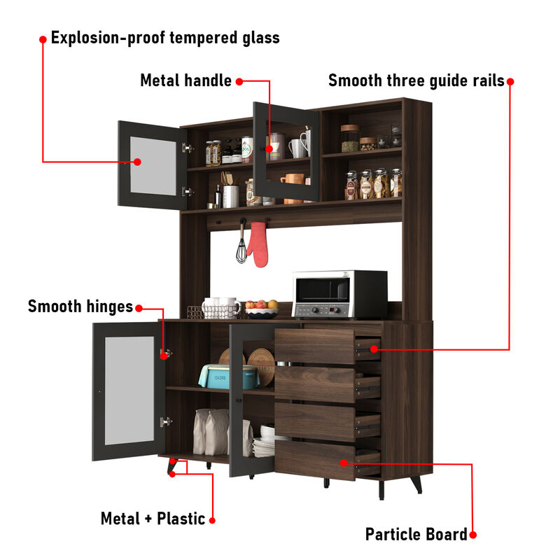 63 in. L Brown Wood Buffet Sideboard Pantry Cabinet with 4-Drawers, Hooks, Open Shelves, Doors for Kitchen Dining Room