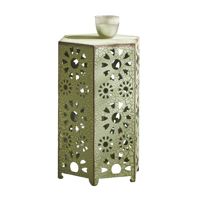 Liana Outdoor Side Table, Hexagonal 14 Inch, Sunburst Cut Out, Green - Benzara