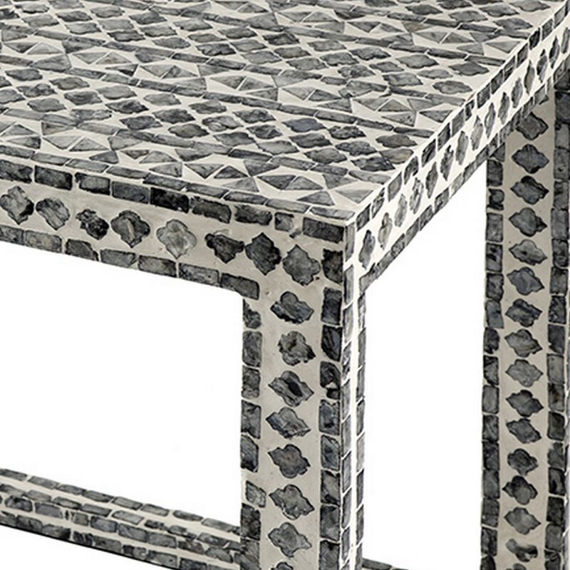 Set of 2 Nesting Side End Tables, Capiz Inlaid Design, Gray and White - Benzara