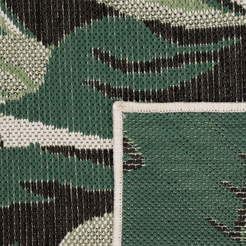 Green Beige Outdoor Rug with Tropical Palm Leaf Design for Patio