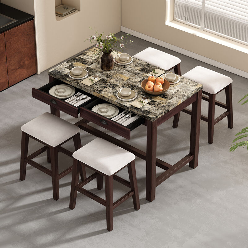 5-Piece  Dining Table Set for 4, Counter Height Modern Kitchen Table and Chairs Set of 4 with Storage Drawers, Marble Dining Table with 4 Upholstered Chairs for Small Space (Walnut)