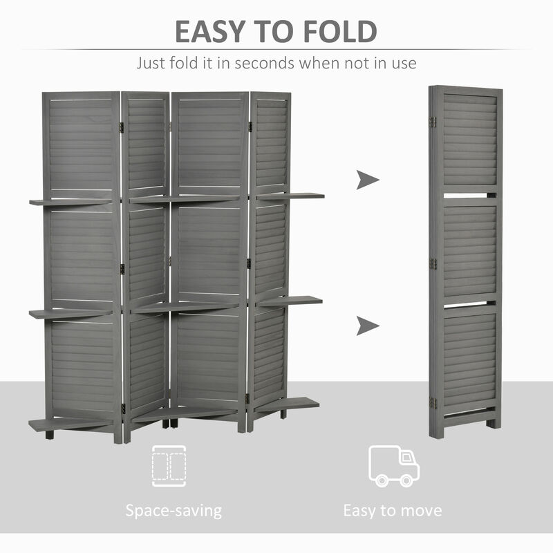 Wood Mobile Folding Privacy Screen Partition Wall Room Divider w/ Shelves Grey