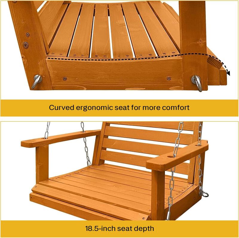 Solid Wood Porch Single Swing, Ergonomic Seat, Bench Swing with Hanging Chains and 7mm Springs, Heavy Duty 600 LBS, for Outdoor Patio Garden Yard ( 1-Seater)