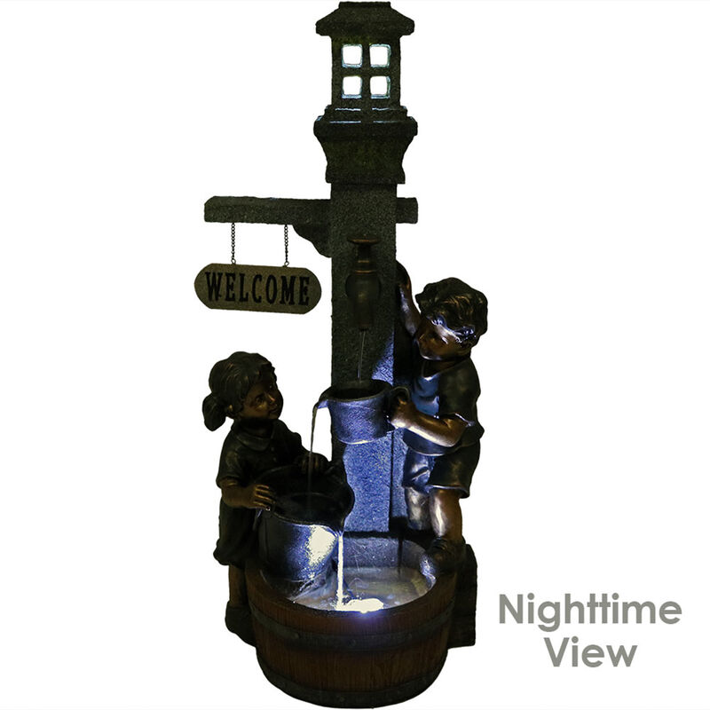 Sunnydaze Children Playing at Faucet Water Fountain with LED Lights - 40 in