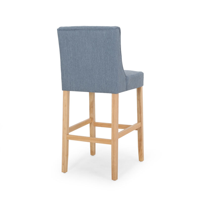 Seliva Barstool Chair Set of 2, Navy Blue Fabric, Tufted Back, Black Wood - Benzara