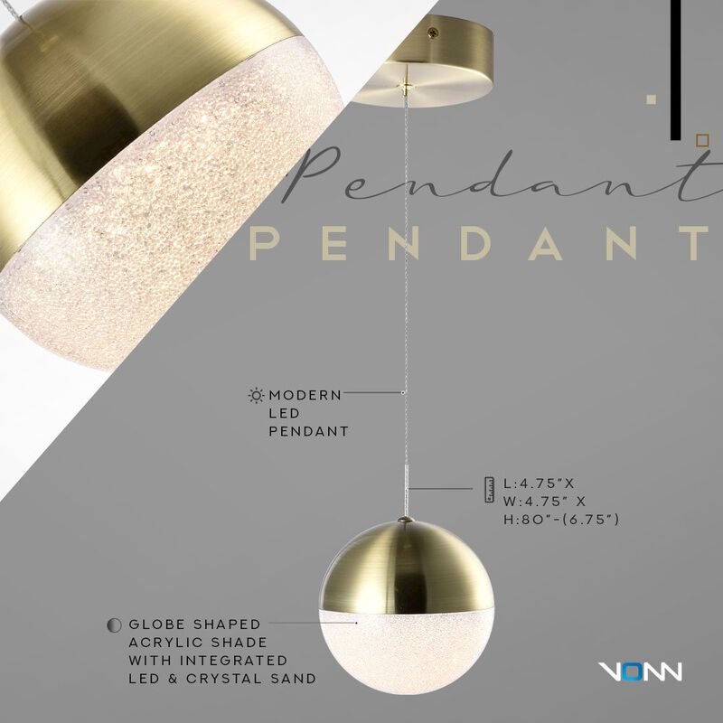 VONN Lighting Integrated LED Height Adjustable Pendant Light with Globe Shade in Brass