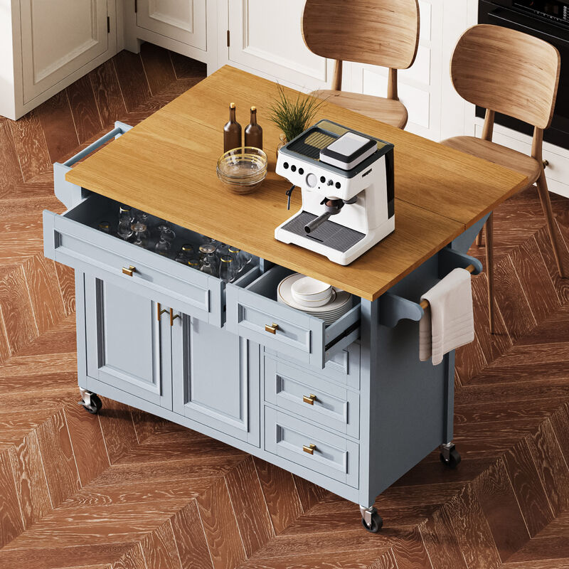 Merax Embossed Texture Kitchen Island on Wheels with Spice Rack