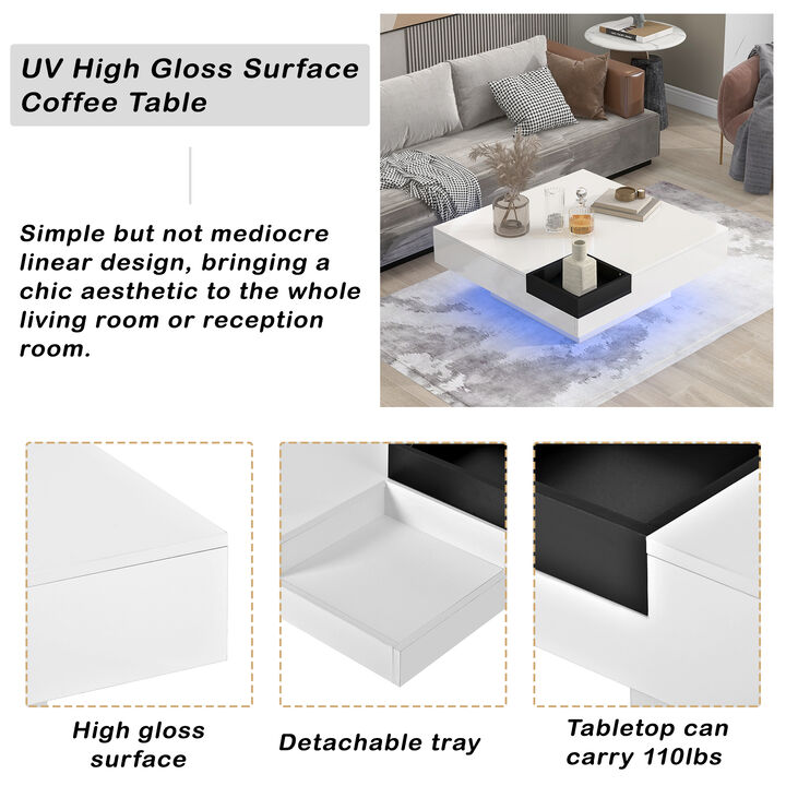 Minimalist Design Square Coffee Table with Detachable Tray & Plug-in LED Strip Lights Remote Control for Living Room