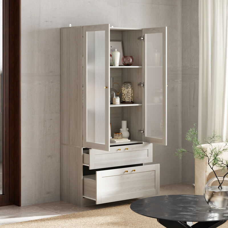 FUFU&GAGA Modern White Bookcase with Adjustable Shelves and Spacious Storage (31.5" W x 70.9" H x 15.7" D), Wood Grain Finish with Brass Pull Handles
