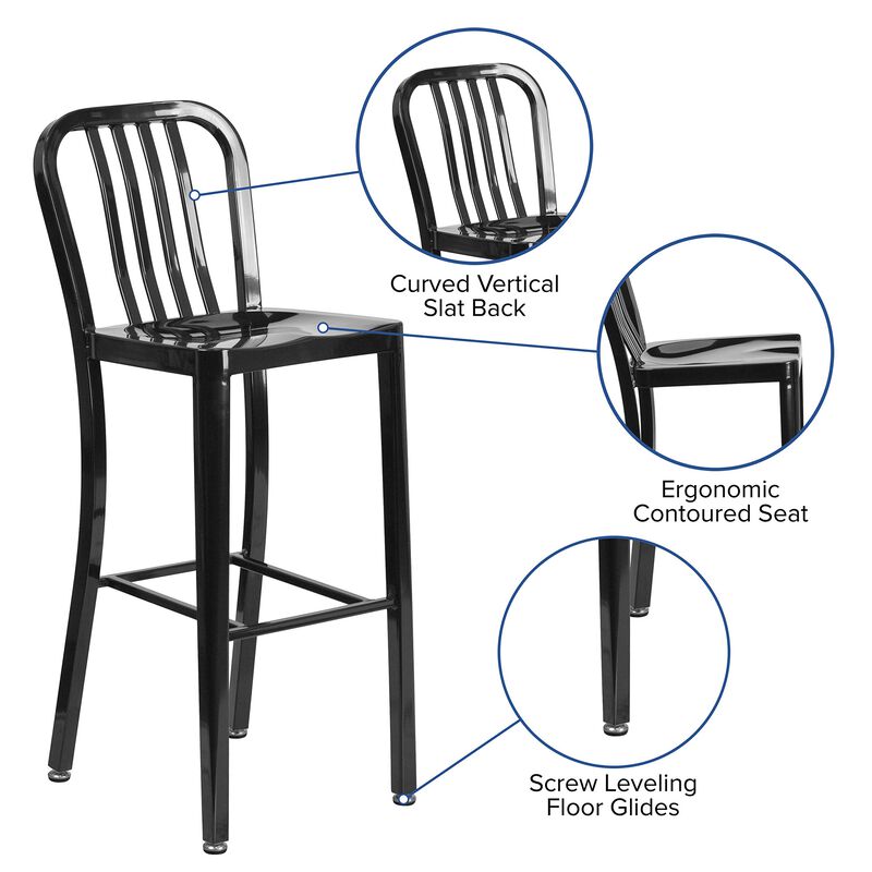 Flash Furniture Commercial Grade 30" High Black Metal Indoor-Outdoor Barstool with Vertical Slat Back
