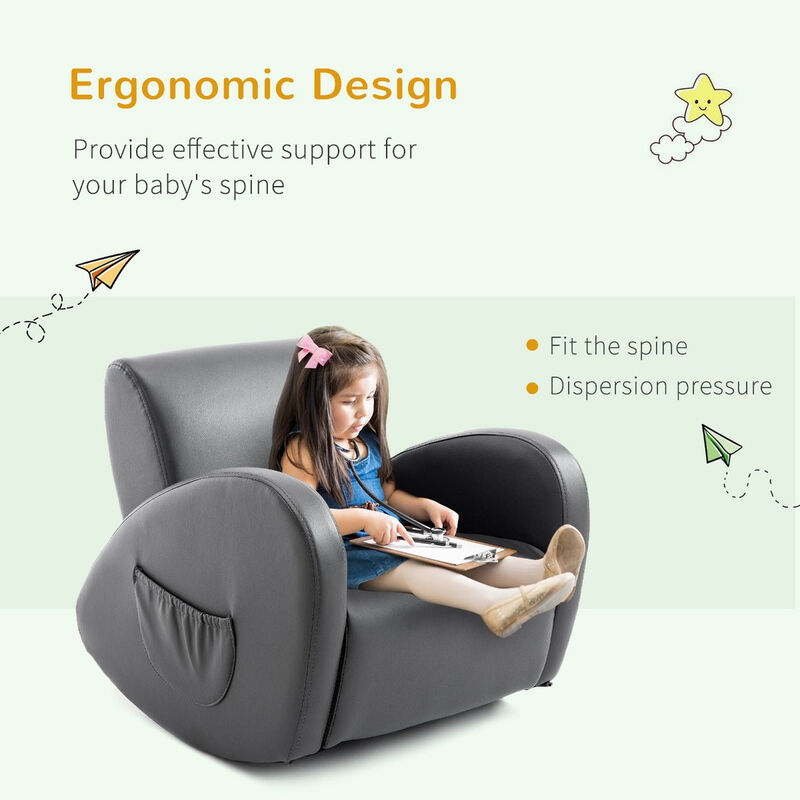 Comfy Kids' Rocker: Grey PU Leather Toddler Chair with Pocket