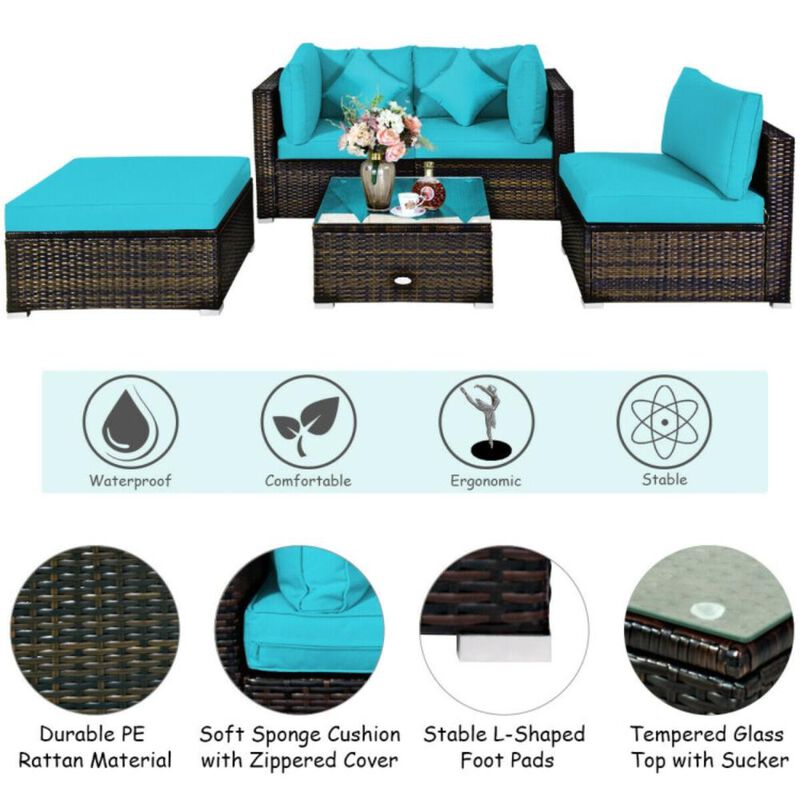 Hivvago 5 Pcs Outdoor Patio Rattan Furniture Set Sectional Conversation with Navy Cushions