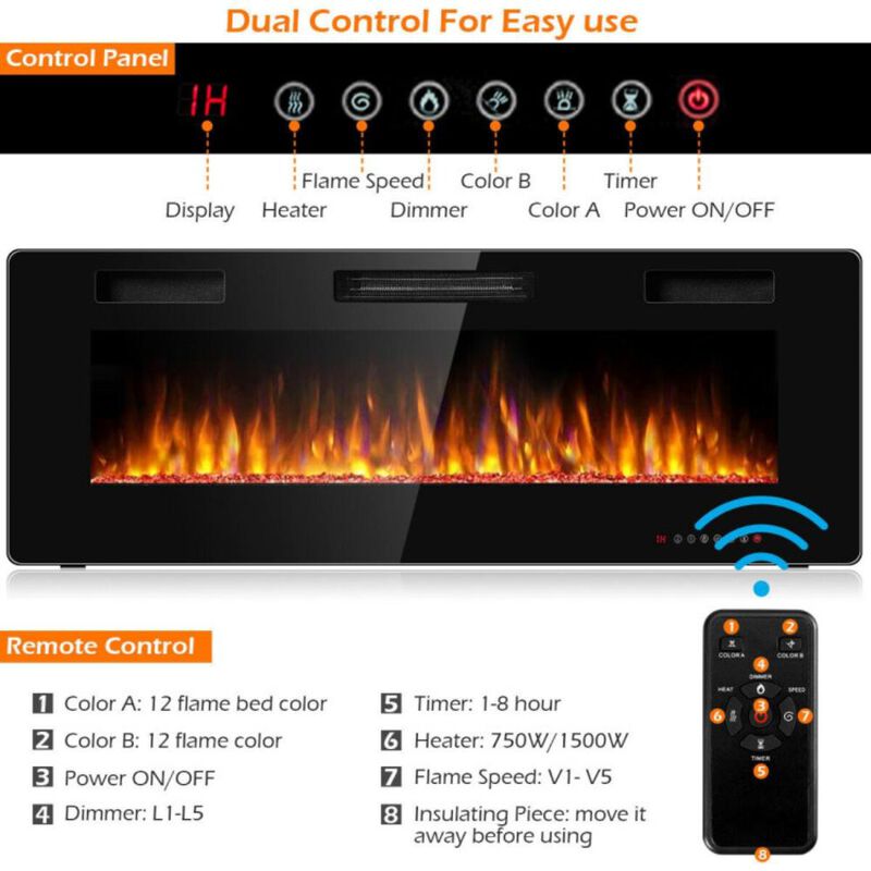 Hivvago 50 Inch Recessed Ultra Thin Electric Fireplace with Timer