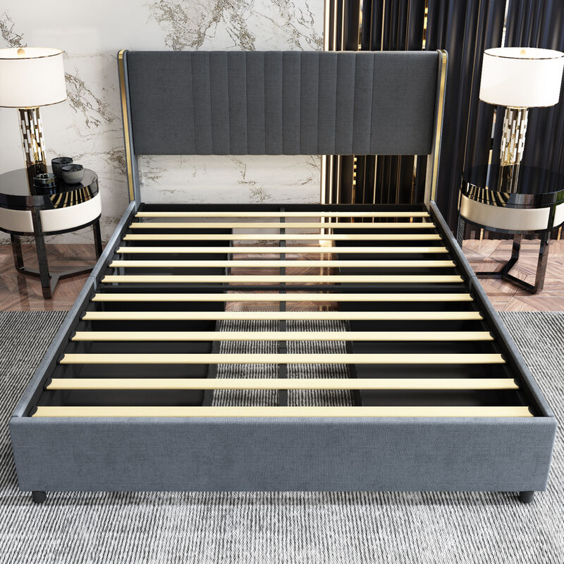 Gray Wood Frame Queen Size Bed Platform Bed Panel Bed With 4-Drawers, Color-Changing LED Lights, Bluetooth