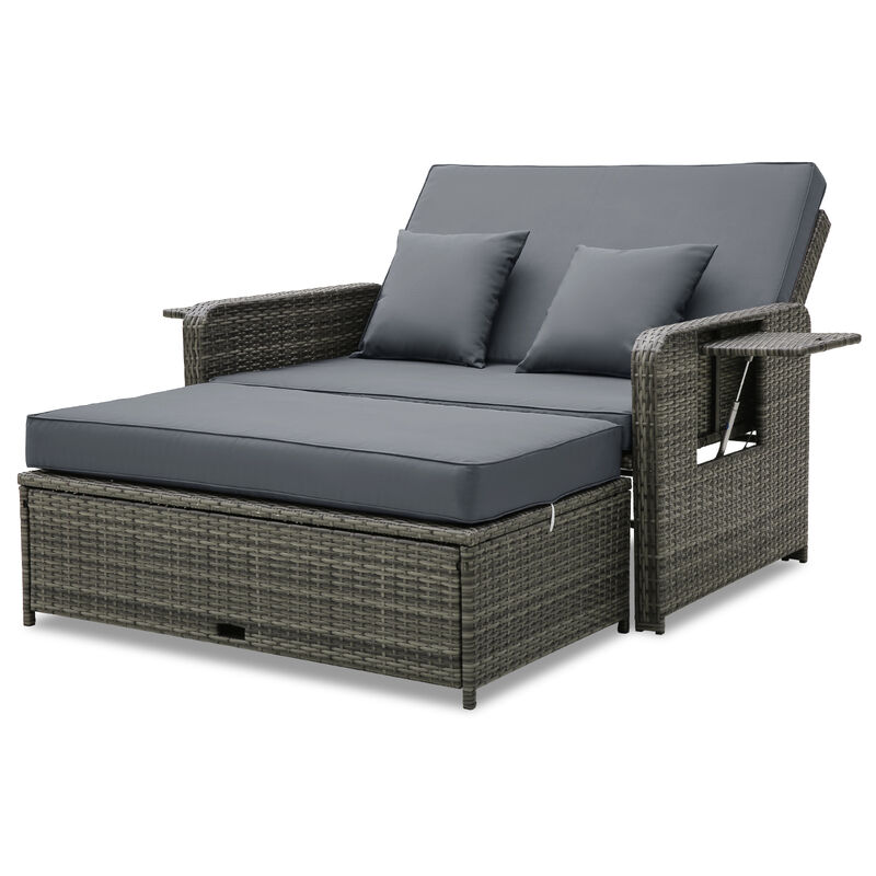 Wicker Loveseat Sofa with Multipurpose Ottoman and Retractable Side Tray-Gray