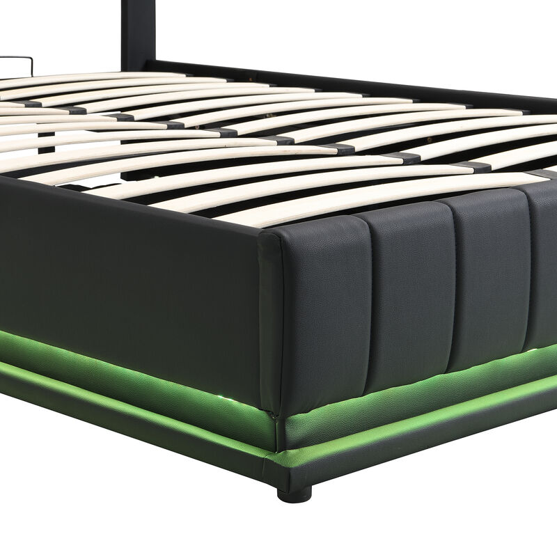 Merax Upholstered LED Light Platform Bed with Hydraulic Storage