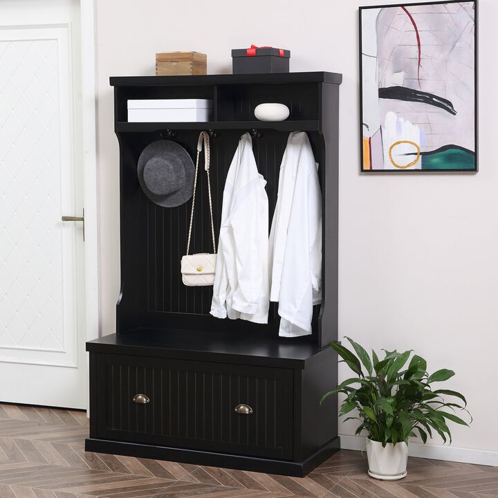 Black Hallway Storage: Modern Hall Tree with Shoe Bench & Coat Hooks