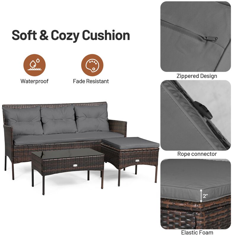 3 Pieces Patio Furniture Sectional Set with 5 Cozy Cushions