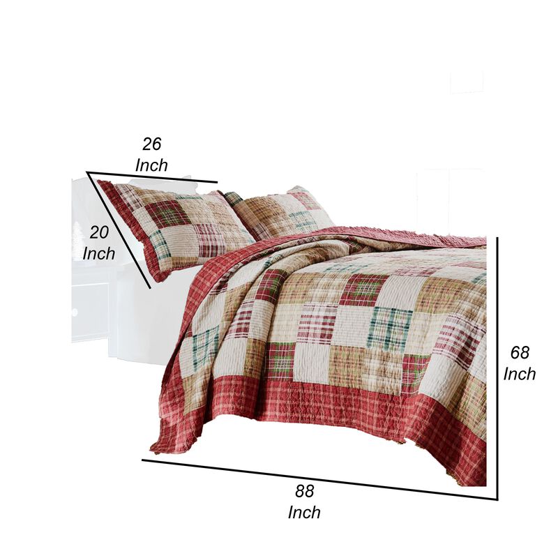 Evi Twin Quilt Set with 1 Pillow Sham, Multicolor Patchwork - Benzara