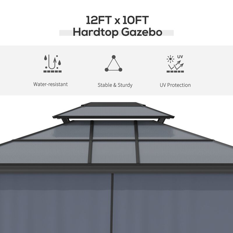 Black Alfresco Elegance: 10x12 Aluminum Hardtop Gazebo with Curtains