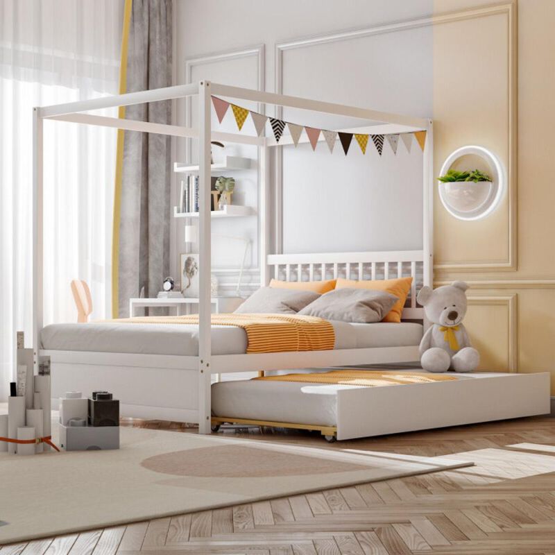 Hivvago Full Size Canopy Bed Frame with Trundle and Headboard for Kids