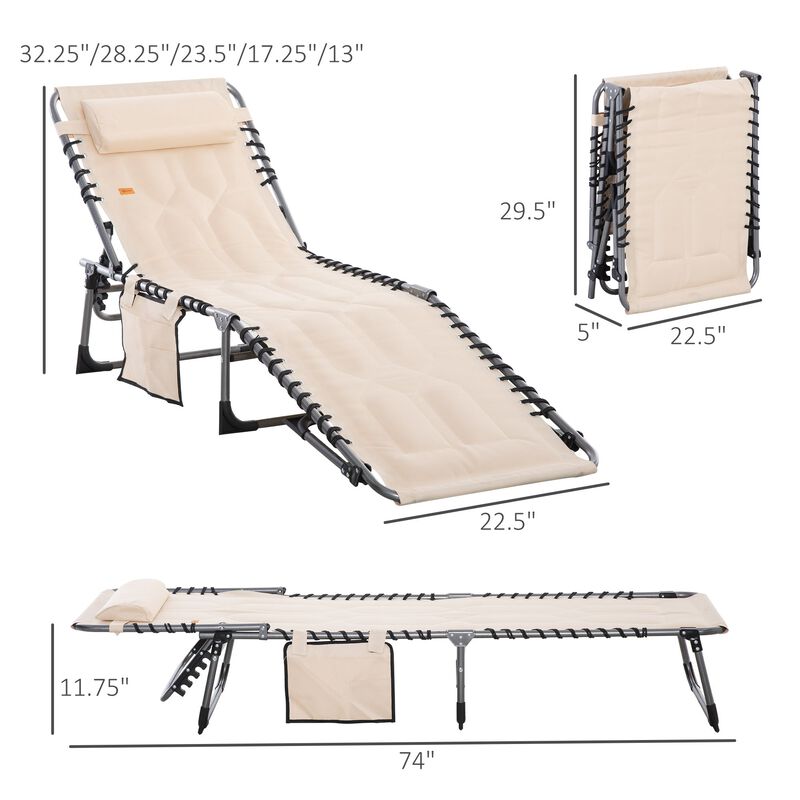 Beige Patio Recliner: Folding Padded Chair, 5-Position Backrest, Pillow, Pocket for Beach