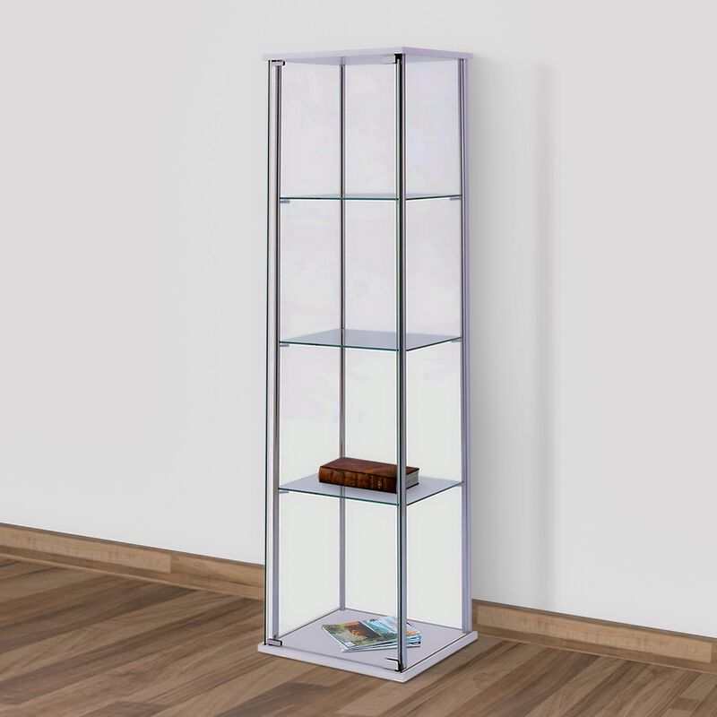 Glass and Metal Curio Cabinet with 4 Shelves, Clear and White-Benzara
