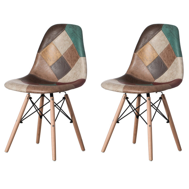 Modern Fabric Patchwork Chair with Leather and Suede Like Tones with Wooden Legs for Kitchen, Dining Room, Entryway, Living Room, Set of 2