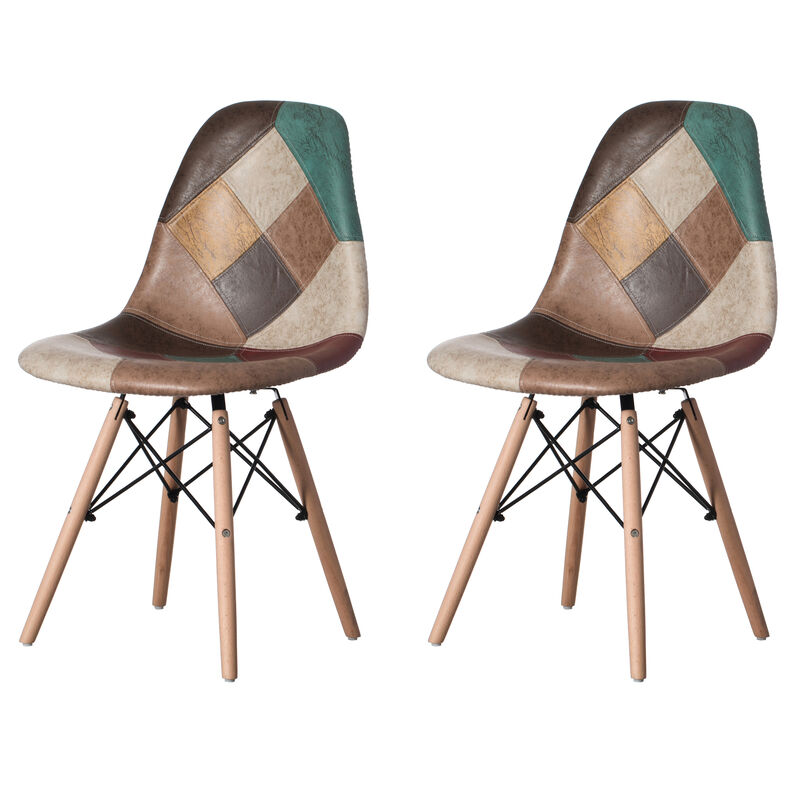 Modern Fabric Patchwork Chair with Leather and Suede Like Tones with Wooden Legs for Kitchen, Dining Room, Entryway, Living Room, Set of 2