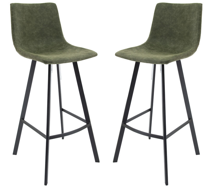 LeisureMod Elland Modern Upholstered Leather Bar Stool With Iron Legs & Footrest Set of 2