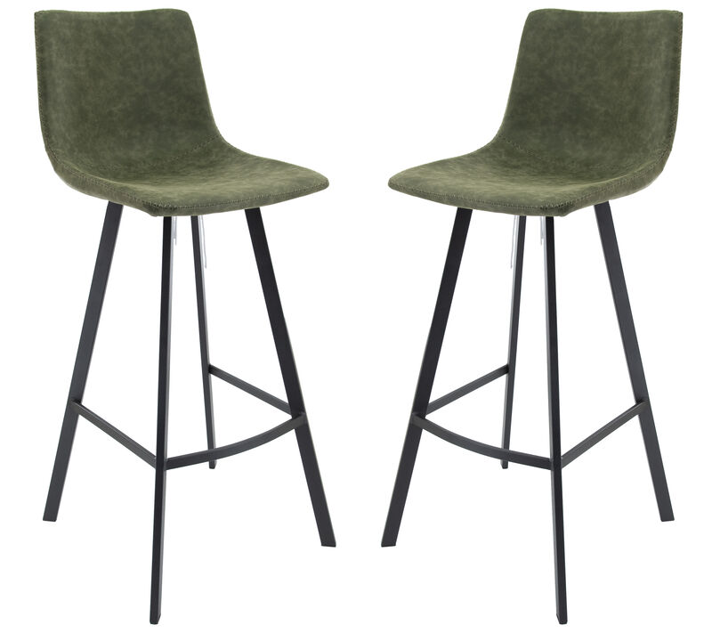 LeisureMod Elland Modern Upholstered Leather Bar Stool With Iron Legs & Footrest Set of 2