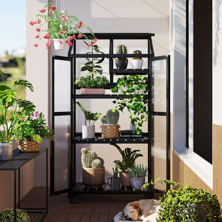 62" Height Wood Largehouse Balcony Portable Cold Frame With Wheels And Adjustable Shelves