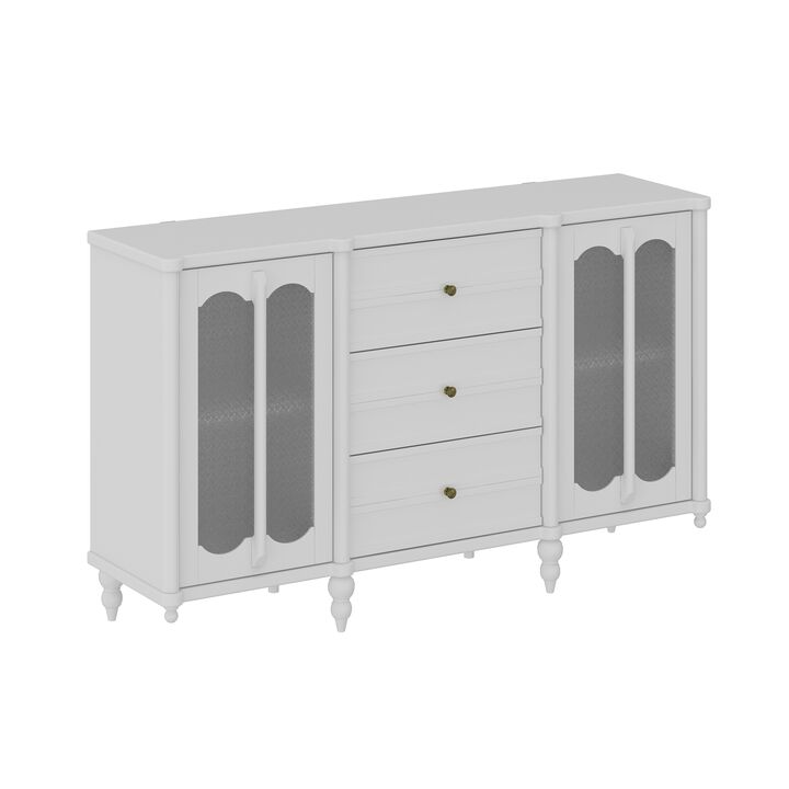 FUFU&GAGA Modern White MDF Storage Cabinet – 3 Spacious Drawers & 2 Glass-Door Compartments, Cylindrical Legs (59.1" W x 15.7" D x 35.4" H), White