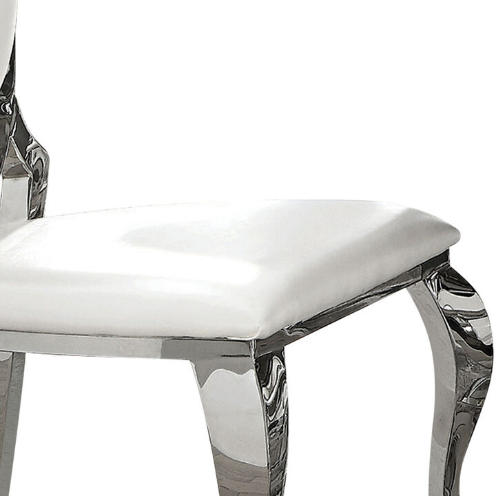 Metal Armless Dining Chair with Oval Padded Back, Set of 2,Silver and White - Benzara