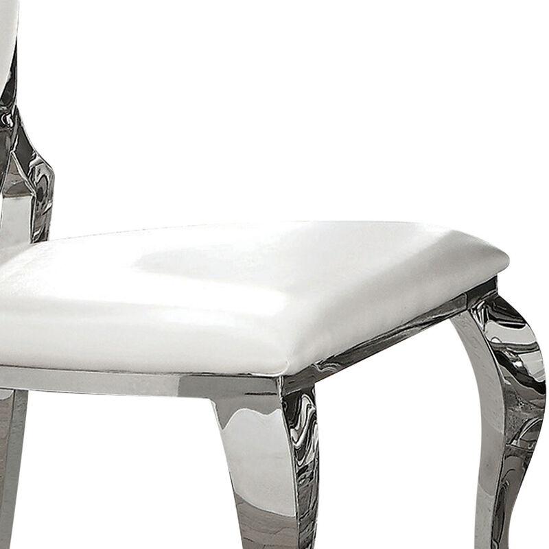 Metal Armless Dining Chair with Oval Padded Back, Set of 2,Silver and White - Benzara