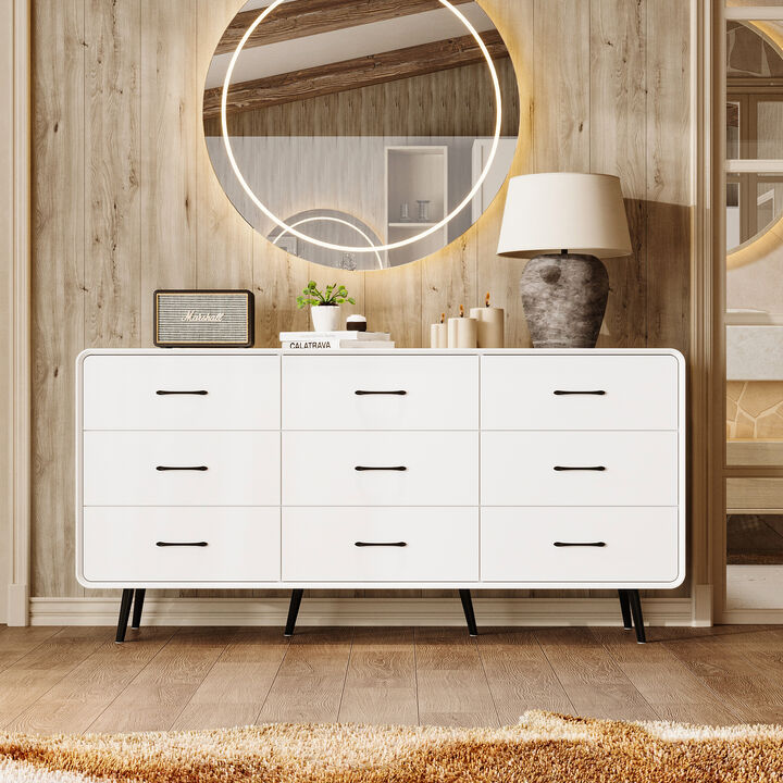 FUFU&GAGA Modern 9-Drawer Dresser, White Storage Dresser with Black Handles & Legs, Wooden Chest of Drawers, (63" W x 30.7" H x 15.7" D),White