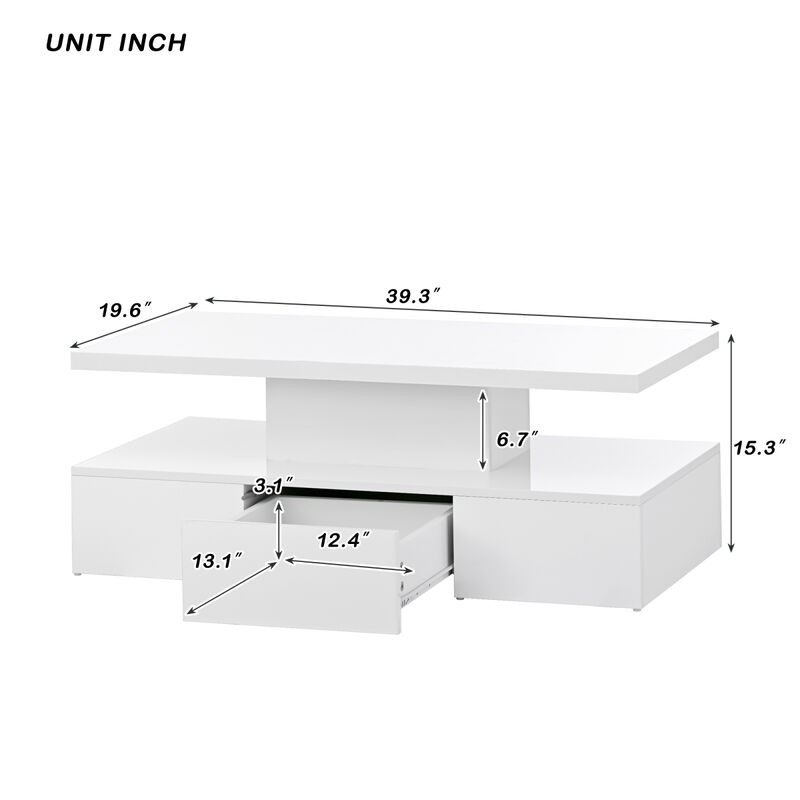 Modern Glossy Coffee Table with Drawer, 2-Tier Rectangle Center Table