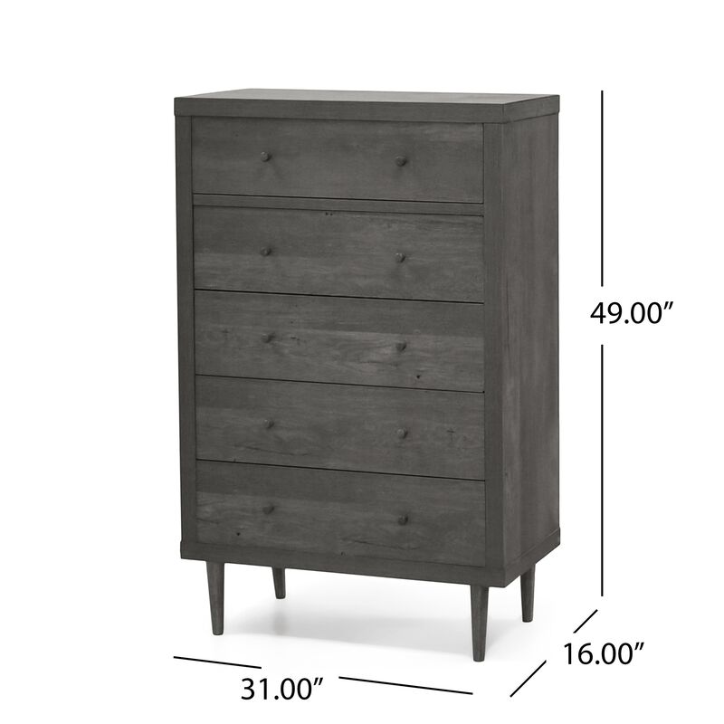 Minie Tall Dresser Chest, 5 Drawers, Rubberwood Legs, Modern Gray - Benzara