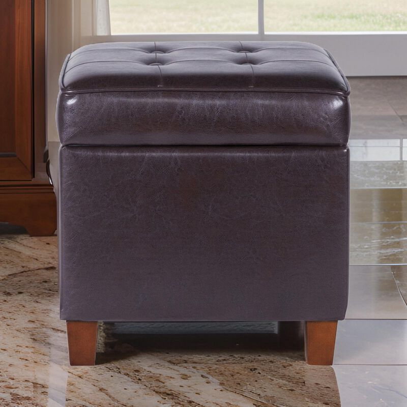 Square Shape Leatherette Upholstered Wooden Ottoman with Tufted Lift Off Lid Storage, Brown - Benzara