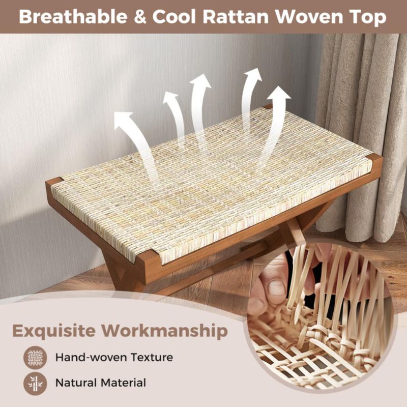 Hivvago Folding Natural Rattan Ottoman with Hand-woven Seat