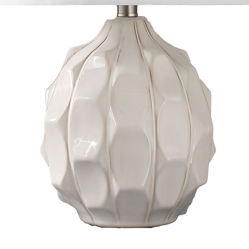 22 Inch Table Lamp, Cream Round Cascading Ceramic Design Urn, Brushed Metal - Benzara