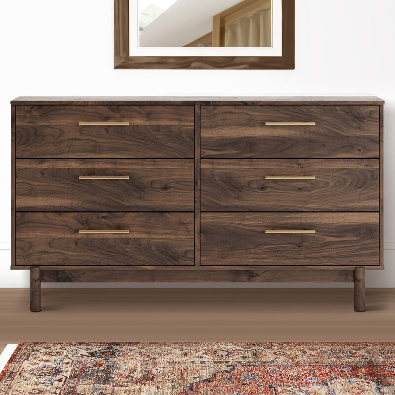 Kip 59 Inch Modern Dresser, Brown Wood Frame, 6 Drawers, Gold Metal Handles - Benzara