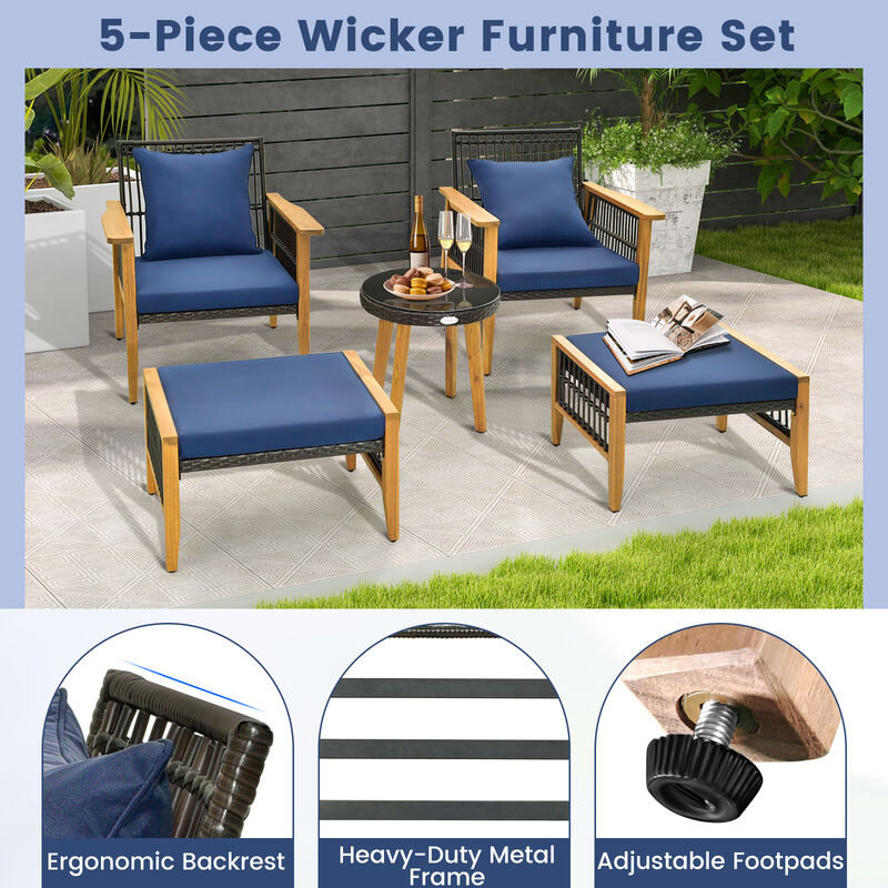 5 Piece Patio Furniture Set with Coffee Table and 2 Ottomans-Navy