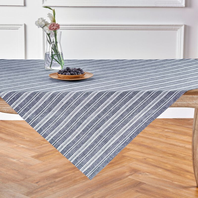 Solino Home 100% Pure Linen Table Throw 52 x 52 Inch | Chelsea Stripe for Thanksgiving, Christmas