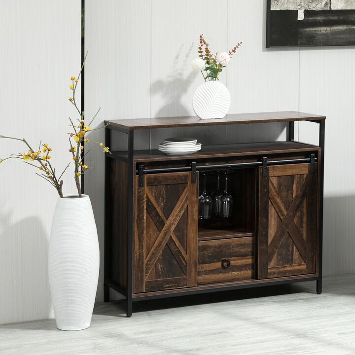 Rustic Brown Buffet: Industrial Sideboard with Sliding Barn Doors