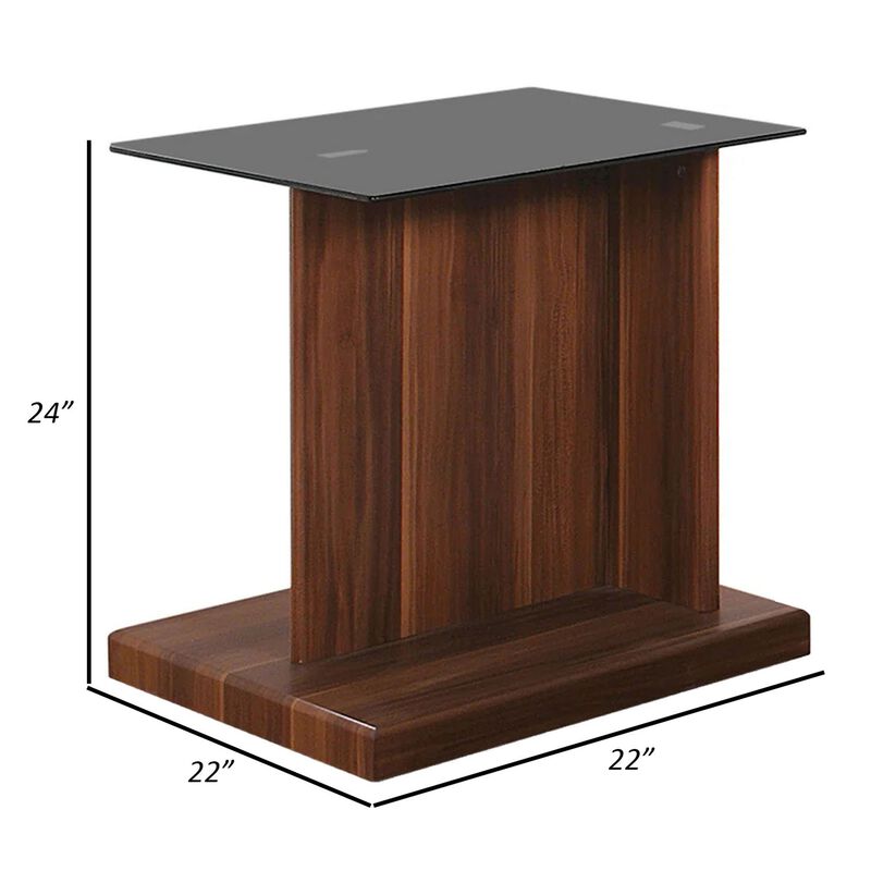 Liam 22 Inch Square Side End Table, Brown Wood, Pedestal Base, Glass Top-Benzara