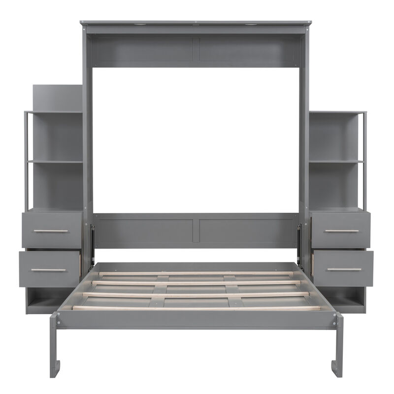 Queen Size Murphy Bed Wall Bed With Shelves, Drawers And LED Lights